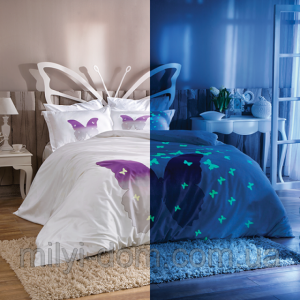 Lenjerie de pat din bumbac 100% satinat cu fluturi fosforescenți, 4 piese, TAC, lumină în întuneric