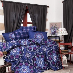 Lenjerie de pat bumbac 100% satinat Ralex Pucioasa Agora V1, albastru-violet, design floral și geometric, 4 piese