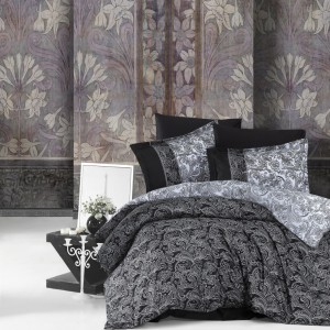 Lenjerie de pat din satin de lux alb-negru cu model paisley