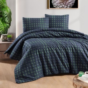 Lenjerie de pat dublu flanel Sadora Albastru, cu model geometric, bumbac 100% calduroasa