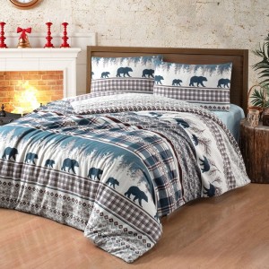 Lenjerie de pat dublu flanel Cozy Verde, cu ursi si motive traditionale, bumbac 100%