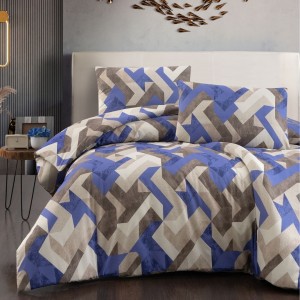 Lenjerie de pat bej cu model zig zag RAYCE, bumbac 100%, 4 piese, cearșaf elastic, saltele 140x200 cm și 160x200 cm, design geometric albastru, bej, gri