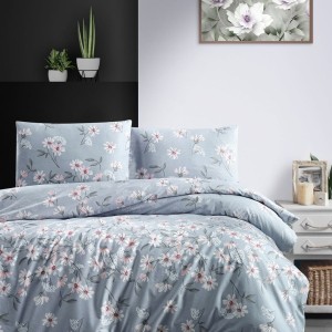 Lenjerie de pat bleu cu flori NEVADA, bumbac 100%, 4 piese, cearșaf elastic, saltele 140x200 cm și 160x200 cm, design floral roz, alb, verde