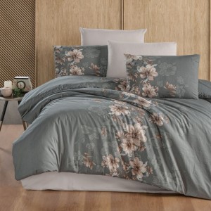Lenjerie pat bumbac ranforce 6 piese, gri cu flori, fețe de pernă pătrate și dreptunghiulare, cearceaf de pat gri.