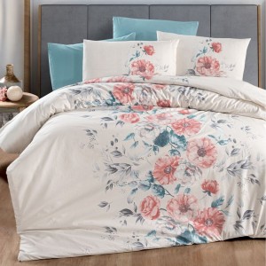 Lenjerie pat bumbac ranforce 6 piese, ecru cu flori roz, fețe de pernă pătrate și dreptunghiulare, cearceaf de pat turcoaz.