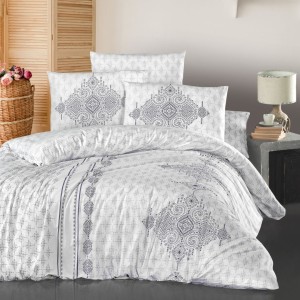 Lenjerie pat bumbac ranforce 6 piese, alb cu motive geometrice gri, fețe de pernă pătrate și dreptunghiulare, cearceaf de pat cu motive geometrice.