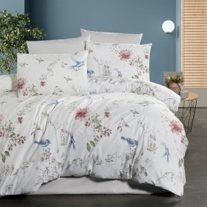 Lenjerie pat bumbac ranforce 6 piese, alb cu păsări și flori, fețe de pernă pătrate și dreptunghiulare, cearceaf de pat alb.