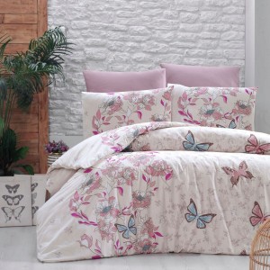 Lenjerie pat bumbac ranforce 6 piese, roz cu flori și fluturi, fețe de pernă pătrate și dreptunghiulare, cearceaf de pat roz.