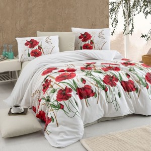 Lenjerie pat bumbac ranforce 6 piese, albă cu maci roșii, fețe de pernă pătrate și dreptunghiulare, cearceaf de pat bej.