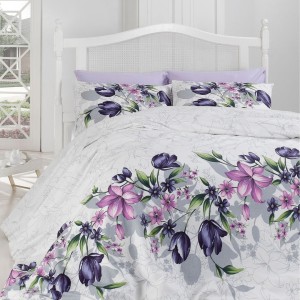 Lenjerie pat bumbac ranforce 6 piese, albă cu flori lila, fețe de pernă pătrate și dreptunghiulare, cearceaf de pat lila.