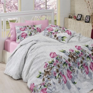 Lenjerie pat bumbac ranforce 6 piese, alb și roz, fețe de pernă pătrate și dreptunghiulare, cearceaf de pat roz cu flori de lalele și margarete.