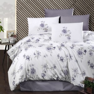 Lenjerie pat bumbac ranforce 6 piese, albă cu trandafiri lila, fețe de pernă pătrate și dreptunghiulare, cearceaf de pat lila.