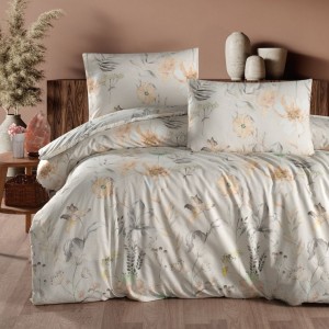 Lenjerie de pat Amaris Storm, model floral crem si bej, din bumbac 100% ranforce, 4 piese, cearsaf cu elastic, saltele 140x200 cm și 160x200 cm, design floral pastel