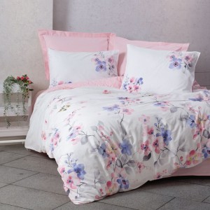 Lenjerie de pat dublu bumbac 100% ranforce Cottonbox Jayda, design floral în nuanțe de roz, alb, violet și gri.