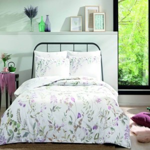 Lenjerie pat dublu fosforescenta, bumbac 100% satinat, design floral cu inimioare luminoase, TAC Serenity.