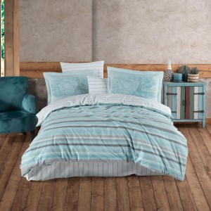 Lenjerie pat dublu poplin percale model dungi Talisa Aqua