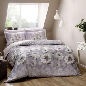 Lenjerie de pat dublu satin de lux cu imprimeu digital floral albastru și mov, set elegant TAC