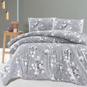 Lenjerie de pat gri cu magnolii Marea, bumbac 100%, 4 piese, cearșaf elastic, saltele 140x200 cm și 160x200 cm, design floral elegant alb