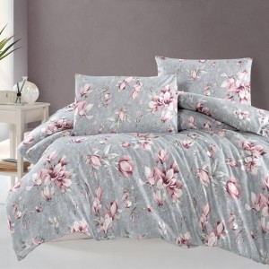 Lenjerie de pat gri cu magnolii Marea, bumbac 100%, 4 piese, cearșaf elastic, saltele 140x200 cm și 160x200 cm, design floral elegant roz