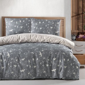 Lenjerie de pat gri cu ramuri și păsări Freedom, bumbac 100%, 4 piese, cearșaf elastic, saltele 140x200 cm și 160x200 cm
