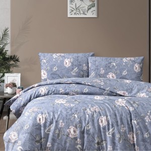 Lenjerie de pat indigo cu păsări și flori IBIZA, bumbac 100%, 4 piese, cearșaf elastic, saltele 140x200 cm și 160x200 cm, design delicat roz, alb