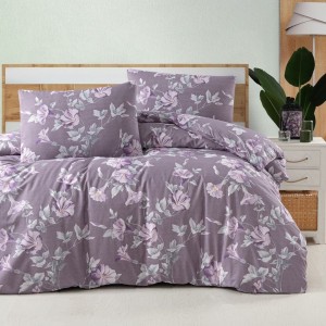 Lenjerie de pat Santino, imprimeu floral mov si lila, din bumbac 100% ranforce, 4 piese, cearsaf cu elastic, saltele 140x200 cm și 160x200 cm, design elegant alb