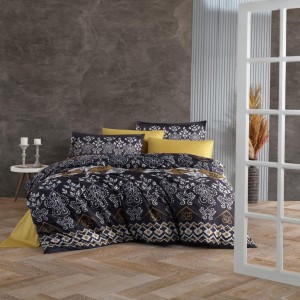 Lenjerie de pat dublu satin de lux neagră cu design de motive geometrice și florale alb și auriu