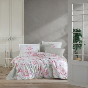 Lenjerie de pat dublu satin de lux albă cu design de flori roz și frunze verzi