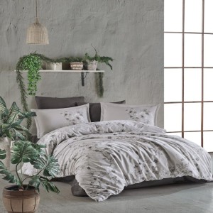 Lenjerie de pat dublu satin de lux bej cu design de flori gri și ramuri delicate