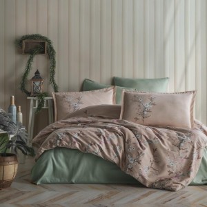 Lenjerie de pat dublu satin de lux bej cu design de flori roz și alb