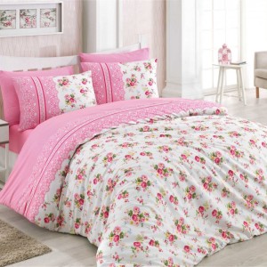 Lenjerie de pat dublu Bahar Home Rosa, bumbac 100% ranforce, design roz si alb, motive florale delicate ai dantela