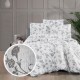 Lenjerie de pat dublu alba cu flori gri, creponata, bumbac 100%, set 4 piese, cearceaf cu elastic pentru saltea 160x200 cm, model floral elegant.