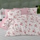 Lenjerie de pat dublu albă model floral cu galben, gri și maro, cearceaf pat gri, set 4 piese bumbac