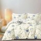 Lenjerie de pat dublu percale, 6 piese, bumbac 100%, model floral maro și roșu, cearceaf simplu roz uni.