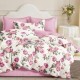 Lenjerie de pat 1 persoană bumbac 100% percale, design floral cu trandafiri roz pe fundal alb.