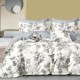 Lenjerie de pat dublu percale, 6 piese, bumbac 100%, design elegant maro pe crem, cearceaf simplu gri uni.