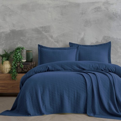 Cuvertura bumbac Orella Indigo cu tesatura Jacquard 240x260cm si 2 fete perna