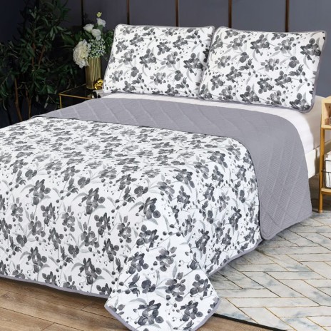 Cuvertură de pat dublu Elegance CVI4 cu design floral în nuanțe de gri pentru un dormitor elegant și modern