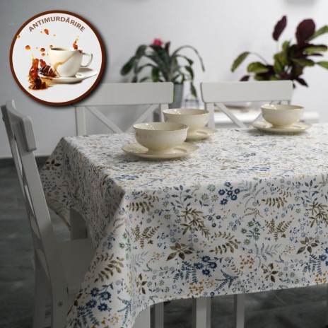 Fata de masa rotunda din bumbac teflonat, diametru 160 cm, model floral delicat, antimurdarie