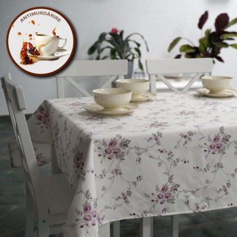 Fata de masa rotunda din bumbac teflonat, diametru 160 cm, model floral mov, antimurdarie