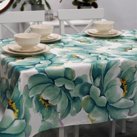 Fata de masa rotunda din bumbac teflonat, diametru 160 cm, model floral verde, antimurdarie