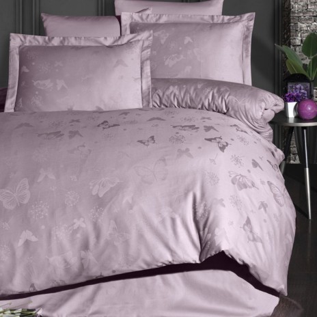 Lenjerie de lux pat dublu jacquard satin, model Corina lila cu fluturi, 6 piese, de la First Choice