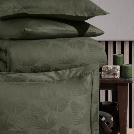 Lenjerie de pat jacquard satin verde închis cu 6 piese, design elegant cu model floral și detalii texturate, material de calitate superioară.