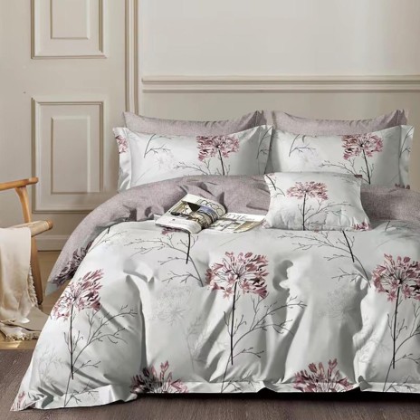 Lenjerie de pat 1 persoana bumbac 100%, flori mari roz, percale, cearceaf plat gri deschis.