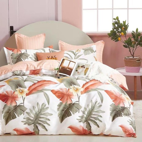 Lenjerie de pat 1 persoana bumbac 100%, frunze tropicale, percale, cearceaf plat roz deschis