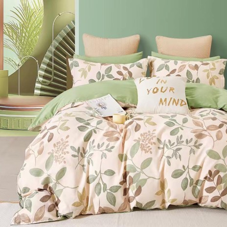 Lenjerie de pat 1 persoana bumbac 100%, model botanic, percale, cearceaf plat verde deschis