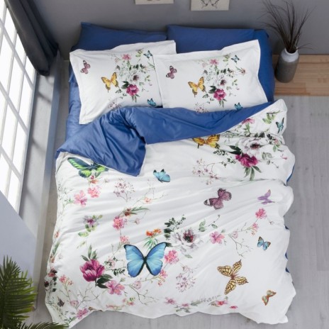 Lenjerie de pat Silvia cu imprimeu fluturi colorat și design floral 3D, 6 piese, bumbac 100% satin de lux, ambalaj cadou