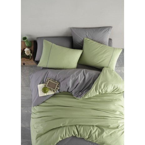 Lenjerie pat bumbac ranforce, Bahar Home Moscow, model uni modern in nuante de verde deschis si gri, oferind un aspect proaspat si elegant dormitorului tau