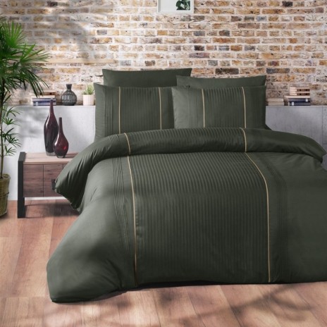 Lenjerie de pat bumbac ranforce de lux Elegant verde cu detalii albe, set 6 piese, model elegant de la First Choice