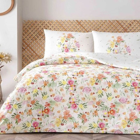 Lenjerie de pat dublu bumbac ranforce Shirley, design floral pastel în nuanțe de roz, galben și verde, 4 piese